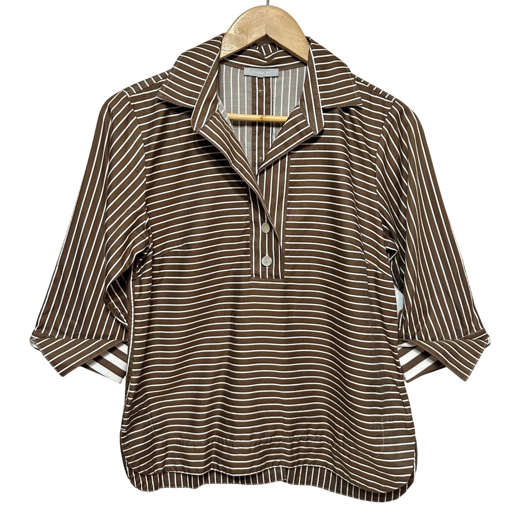 Hinson Wu Striped Button Back Blouse Womens 6 Brown White Cotton Popover Top